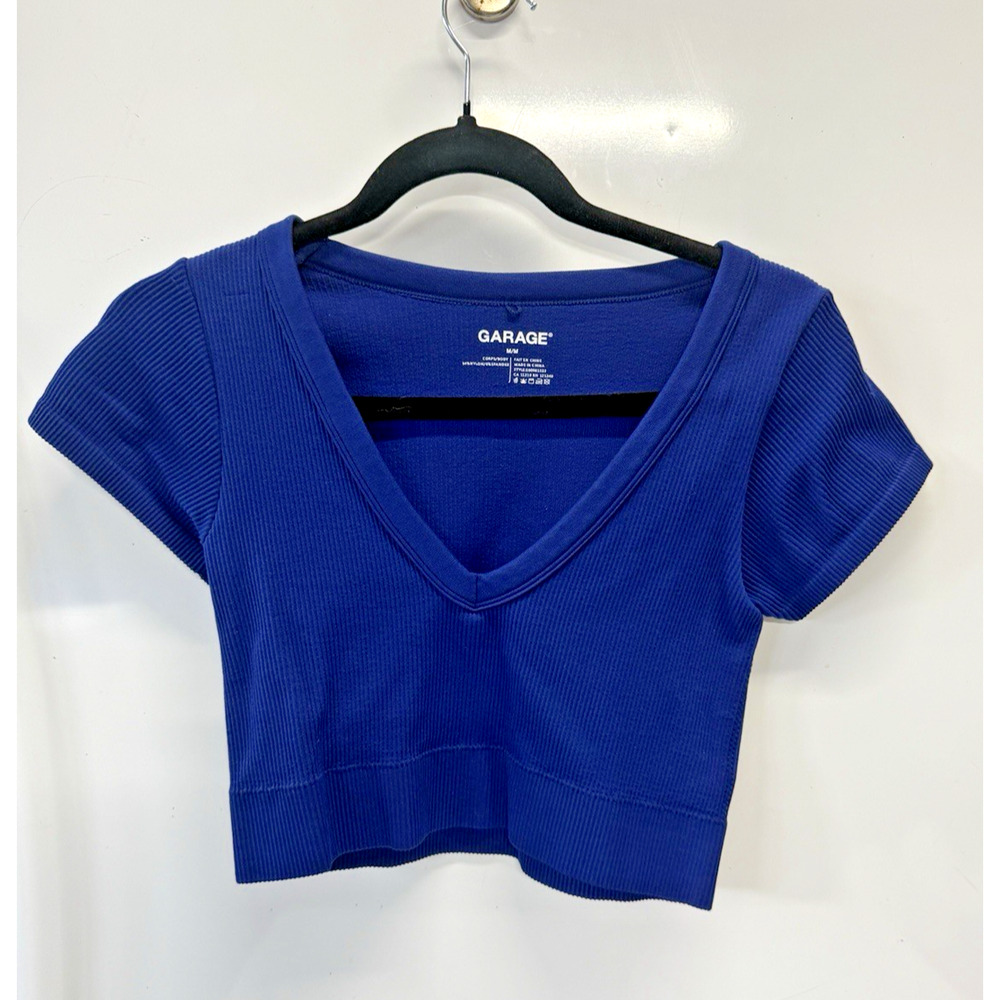 GARAGE Brand Medium Blue Ribbed Cropped Top V Neck Short Sleeve Stretch